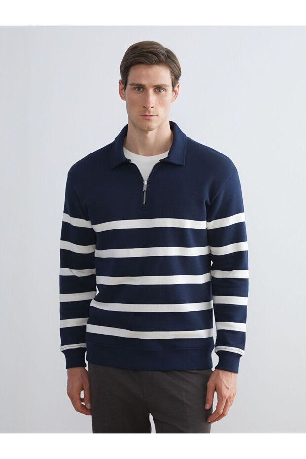 Polo Neck Long Sleeve Striped Men's Sweatshirt