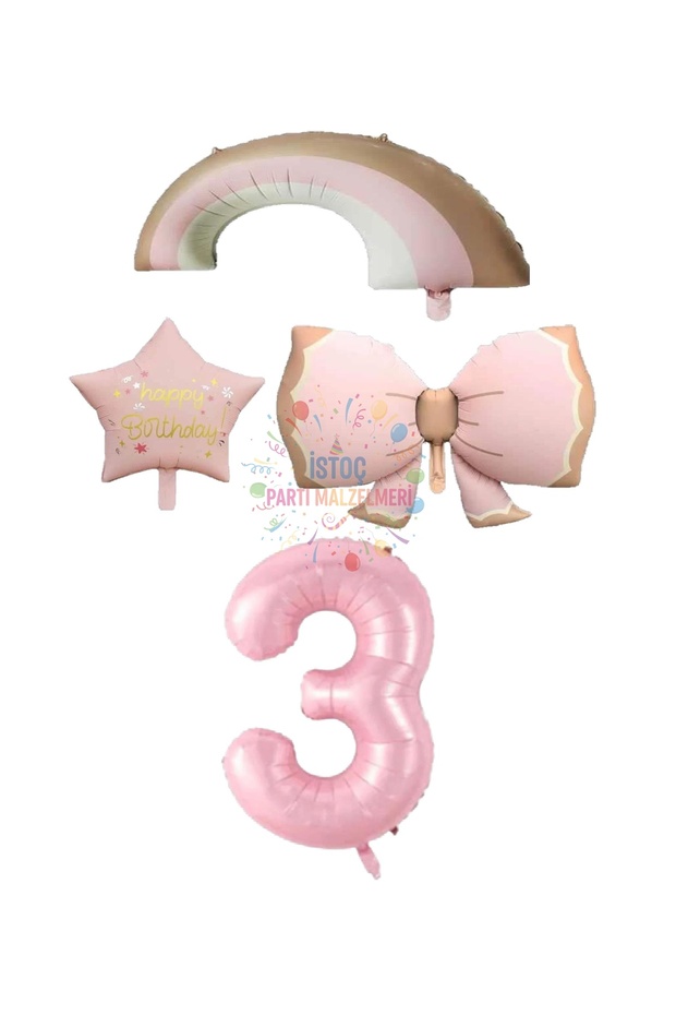 İstoç Pink Color Bow Rainbow Star and Number Foil Balloon Set Age 3