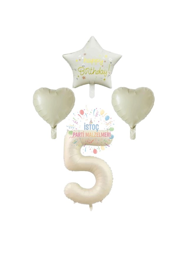 Istoch Cream Color Number Happy Birthday Written Star and Heart Foil Balloon Set Age 5