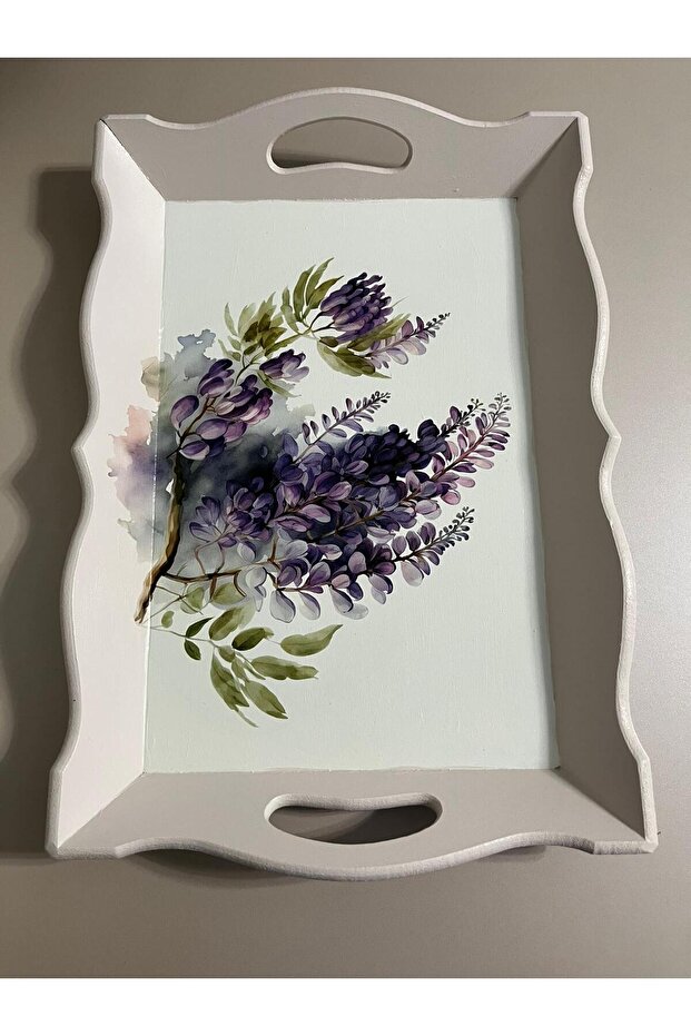 Flower Patterned Hand Painted Wooden Tea-Coffee Tray, Presentation Tray 41X32Cm
