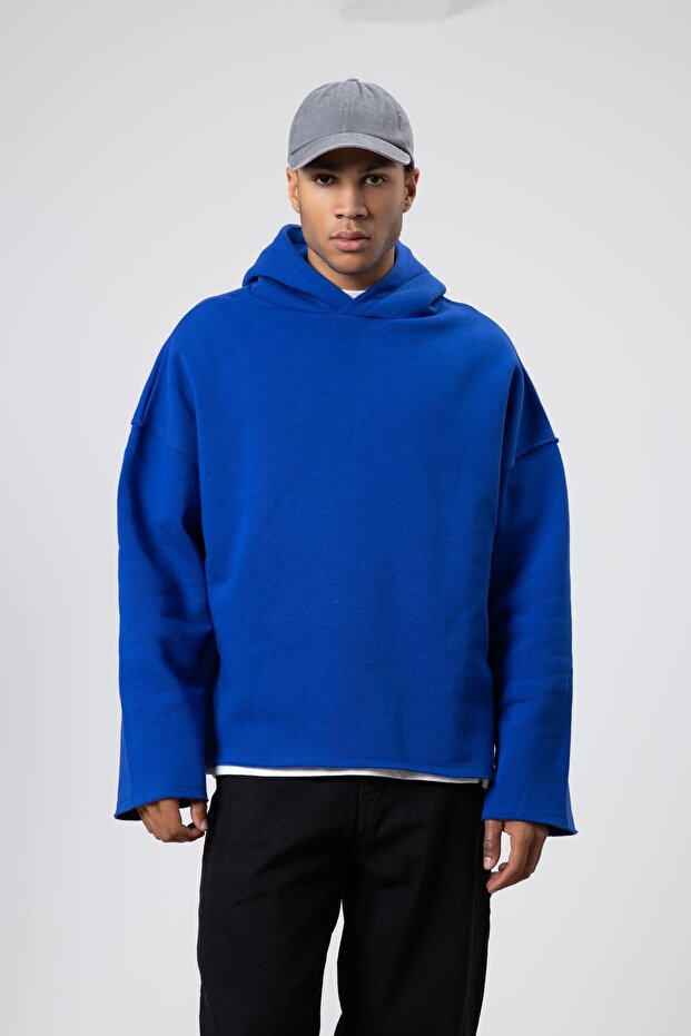 Basic Oversize Dikişsiz Kapüşonlu Sweatshirt Saks - 3