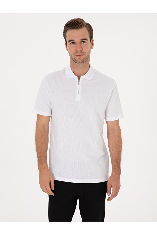 White Regular Fit 100% Cotton Zippered Polo Neck T-Shirt 50300835-Vr013