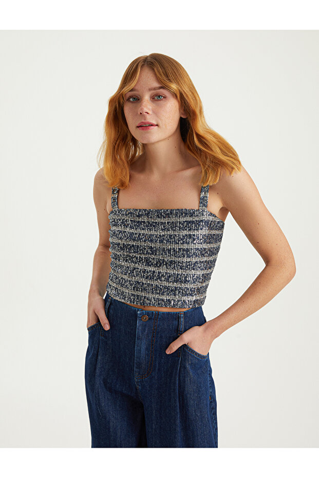 Baskılı İnce Askı Payet Bluz - 4