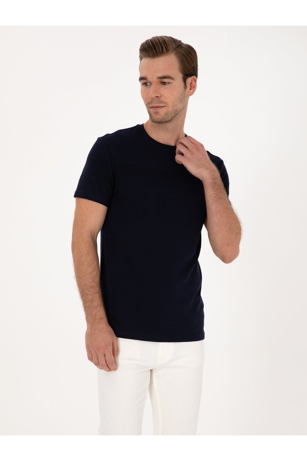 Navy Blue Slim Fit 100% Cotton Crew Neck Striped Detail T-Shirt 50301375-Vr033
