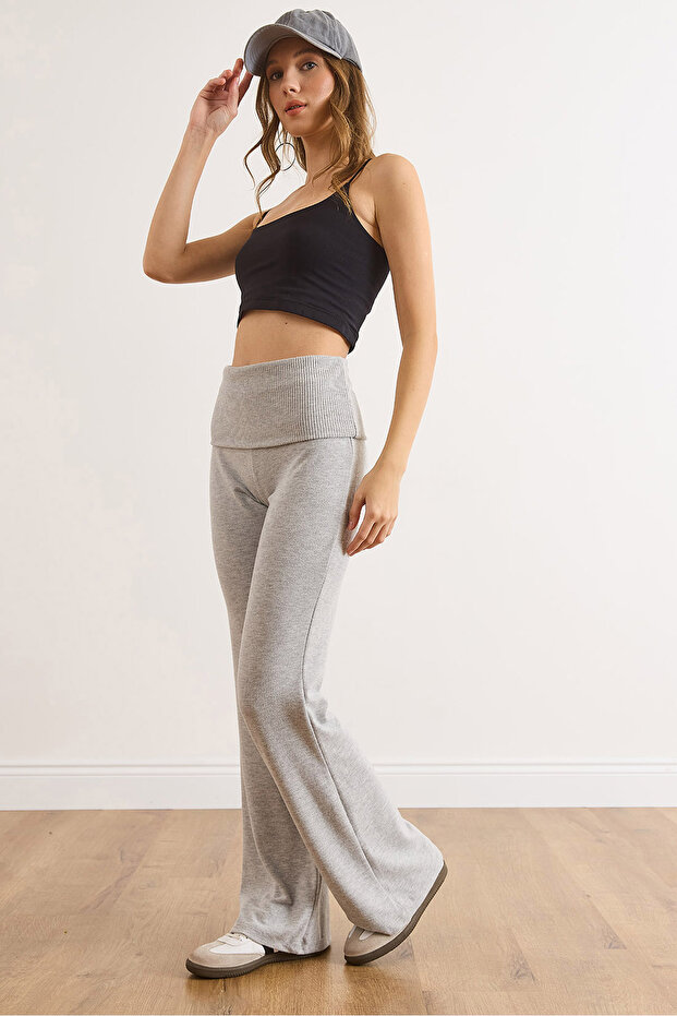 Women's Gray Folded Waist Soft Flowy Pants Pnt-19000373