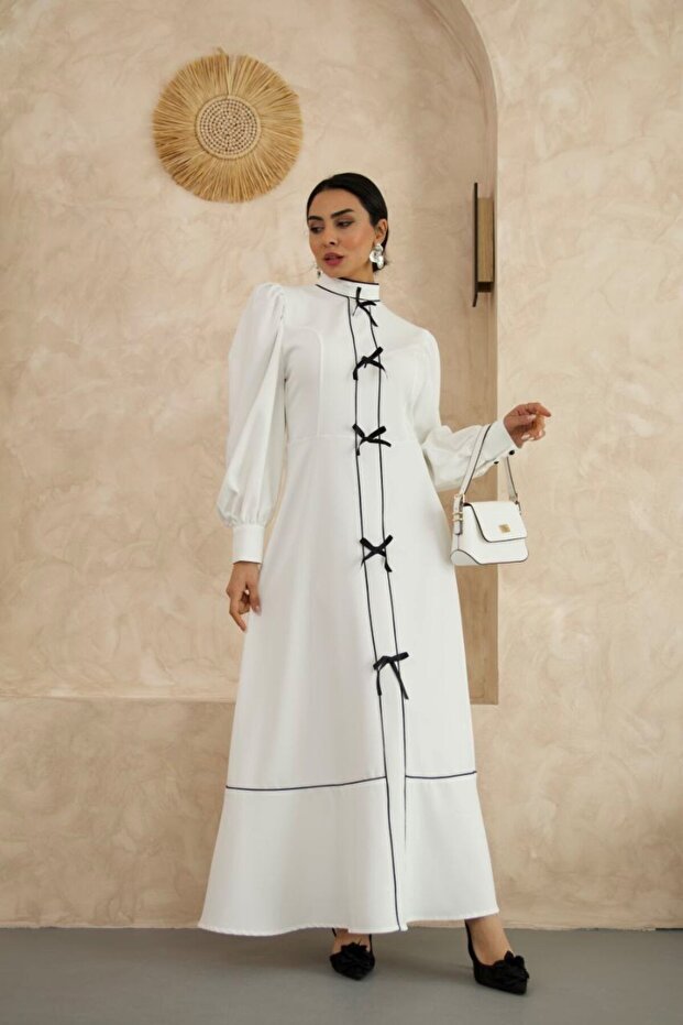 Atlas Fabric Long Dress with Bow