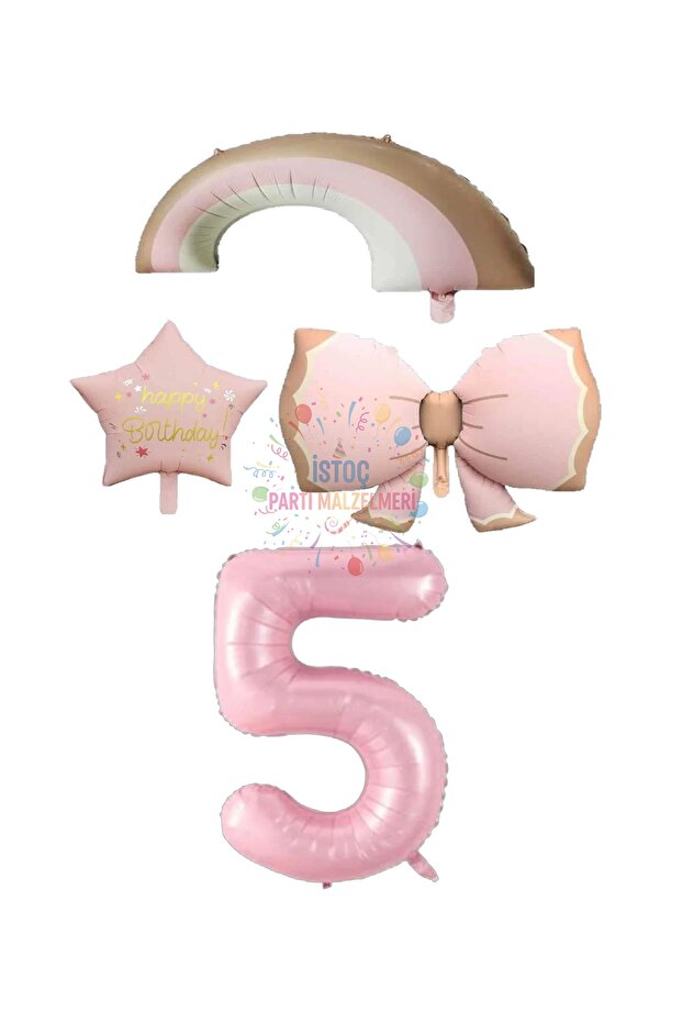 İstoç Pink Color Bow Rainbow Star and Number Foil Balloon Set Age 5