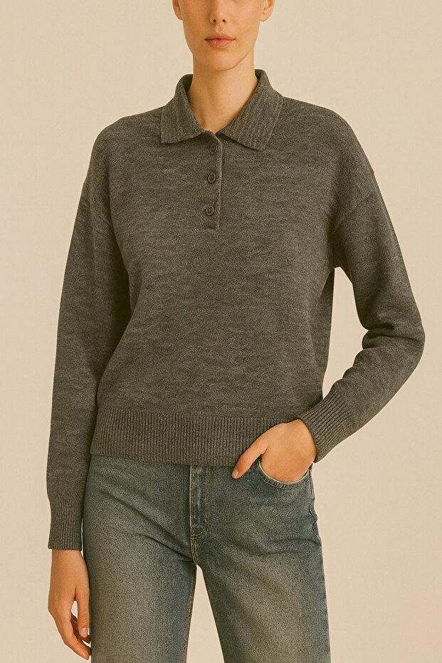 Women's Polo Neck Buttoned Basic Plain Knit Sweater