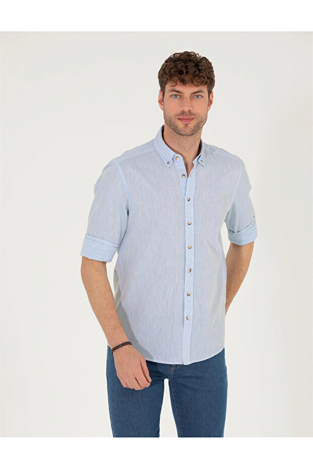 Erkek Regular Fit Uzun Kollu Gömlek-Açık Mavi - 1