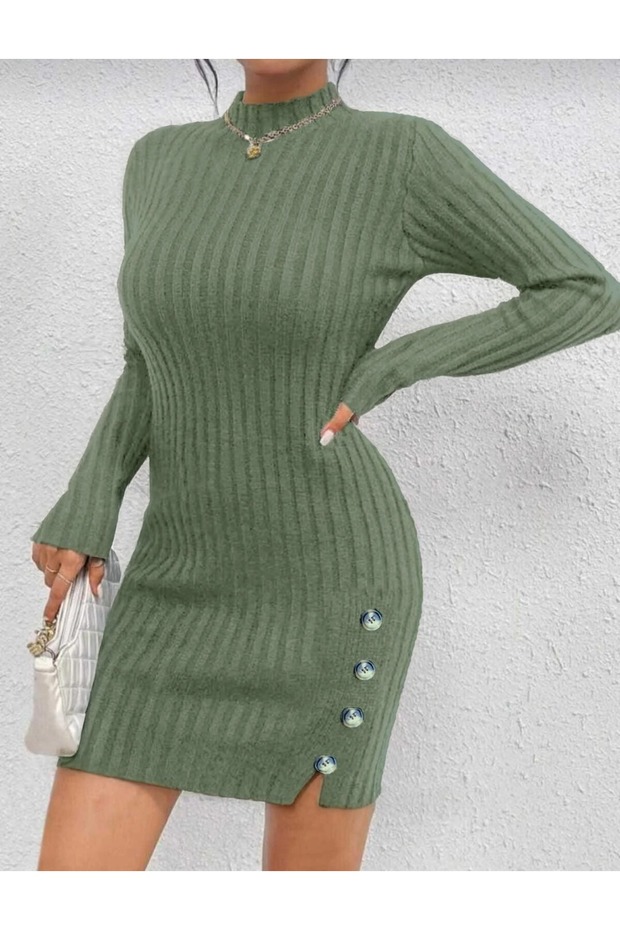Half Fisherman Slit Detail Ornamental Button Women's Knitwear Dress