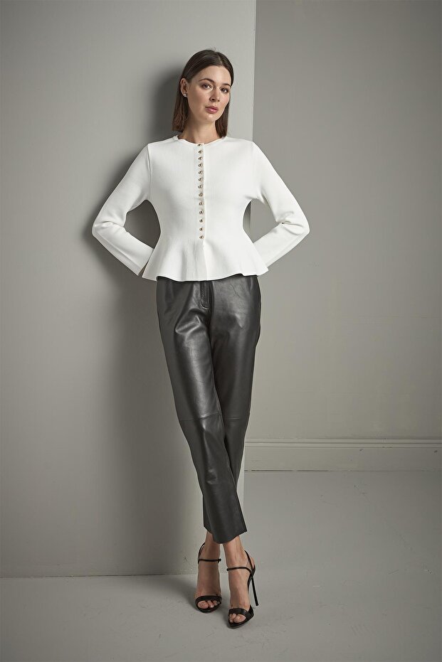 Düğmeli Peplum Triko Ceket - 4