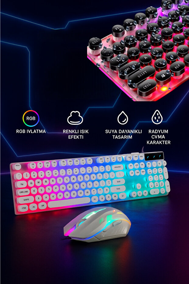 RGB Işıklı USB Kablolu Klavye Mouse Seti Ultra Slim Suya Dayanıklı Klavye Mause seti - 1