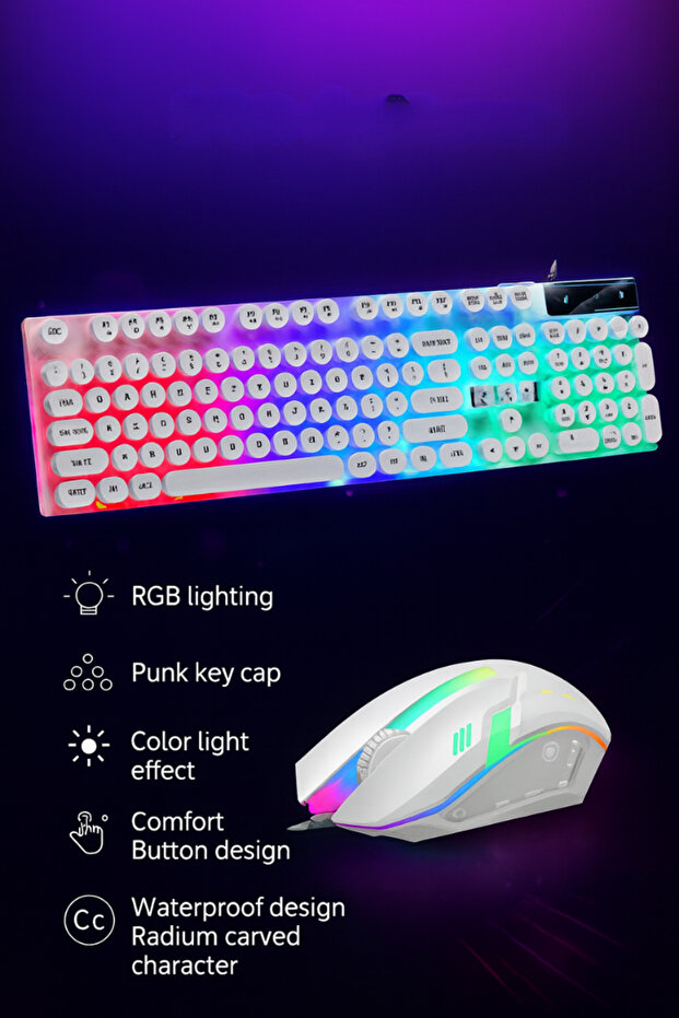RGB Işıklı USB Kablolu Klavye Mouse Seti Ultra Slim Suya Dayanıklı Klavye Mause seti - 3