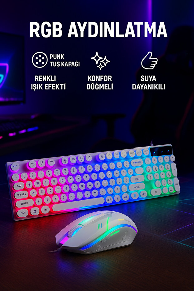 RGB Işıklı USB Kablolu Klavye Mouse Seti Ultra Slim Suya Dayanıklı Klavye Mause seti - 2
