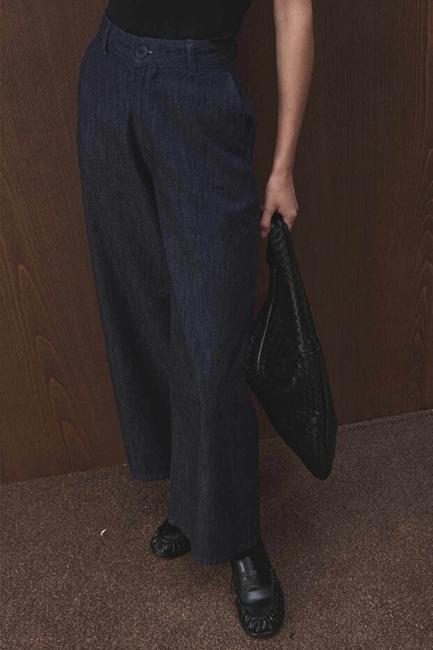 Yüksek Bel Minimal Denim Lacivert Pantolon - 4