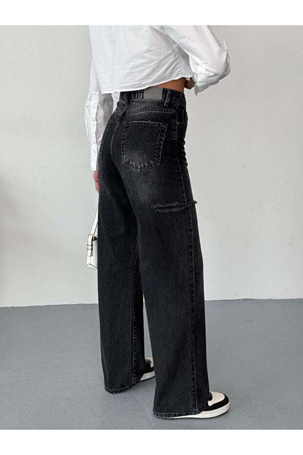 Kadın füme baggy jean yüksek bel kot pantolon denim kumaş yanlardan lazerli - 9