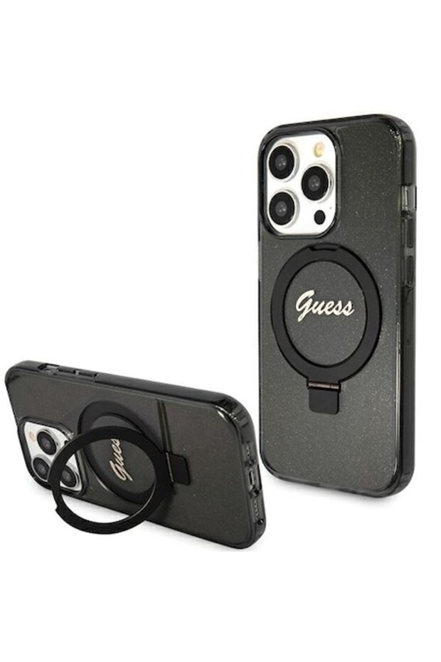 Case for iPhone 15 Pro Max - Black (Ring Stand, Script Logo, Glitter) - 1