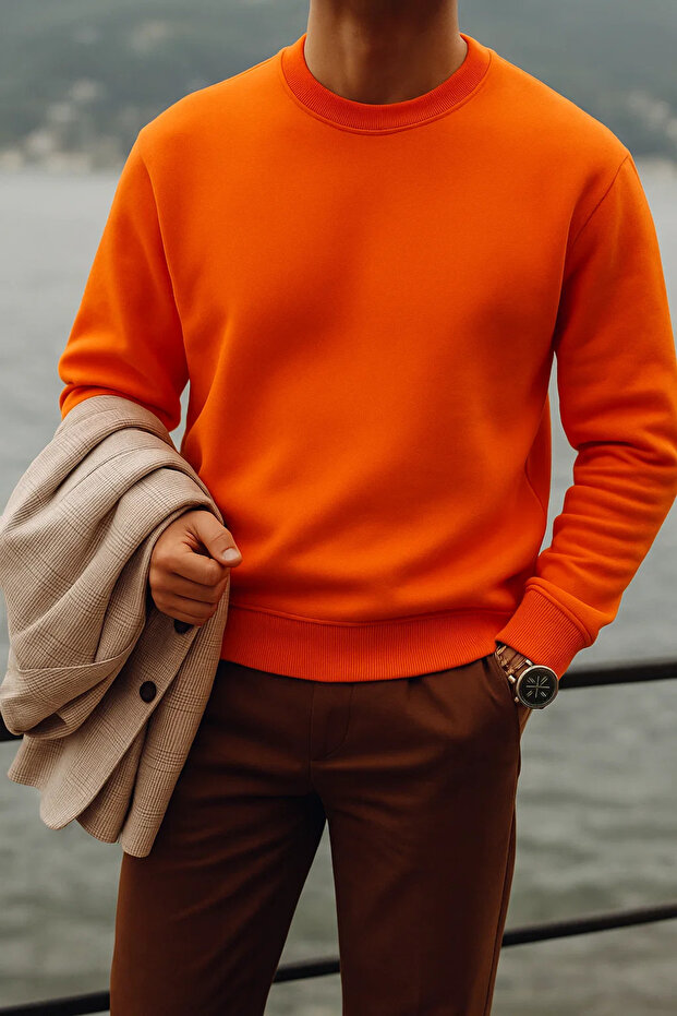 Men's Thick Crew Neck Loose Orange Sweater
