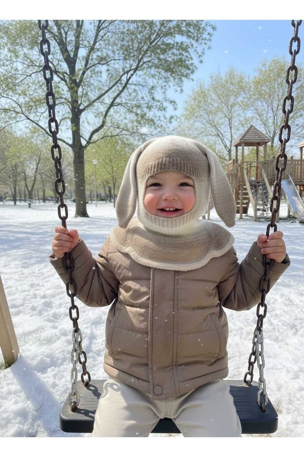 Children's Winter Knitwear Balaklava with Rabbit Ears and Crossing Yarn | Beret with Neck Collar Balaclava Mask