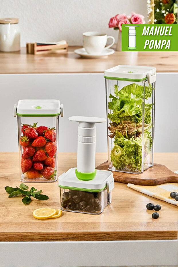3 Piece Storage Container Set with Manual Pump 2 Lt + 1.3 Lt + 0.5 Lt