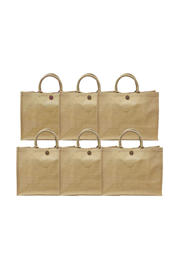 Reusable Jute Bags – Set of 6 - Eco Burlap Shopping Totes with Soft Handles | Spacious & Stylish