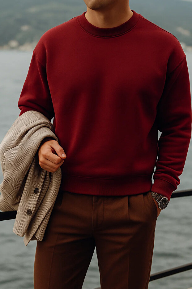 Men's Thick Crew Neck Casual Burgundy Sweater