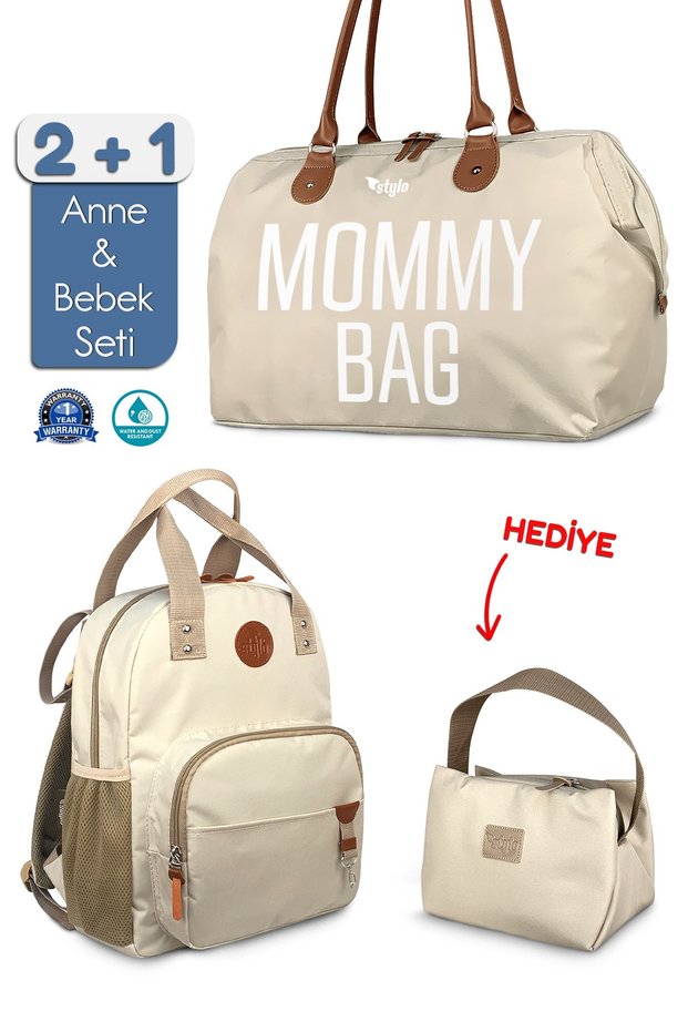 Mommy Bag Baby Care Women's Shoulder Bag + Popi Mother Women's Backpack Thermos Bag Gift-Beige