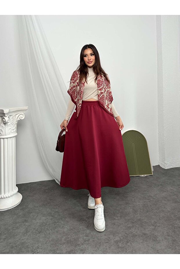 Elastic Waist Scuba Fabric Flared Skirt 8936 - Red