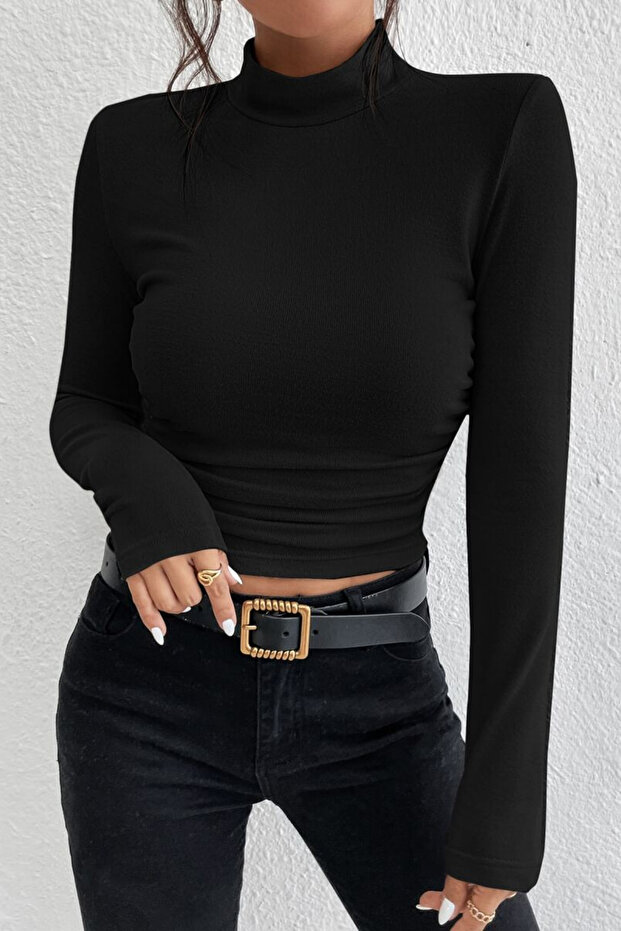 Women's Black Stand Collar Long Sleeve Body-Hugging Stretchy Cotton Blouse