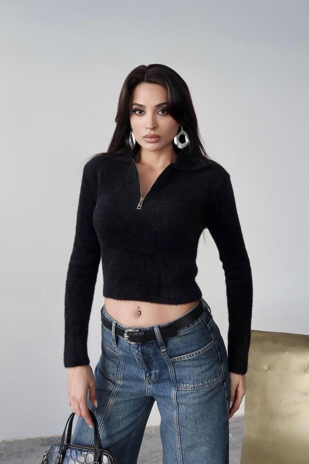 Black Zippered Soft Textured Knit Sweater