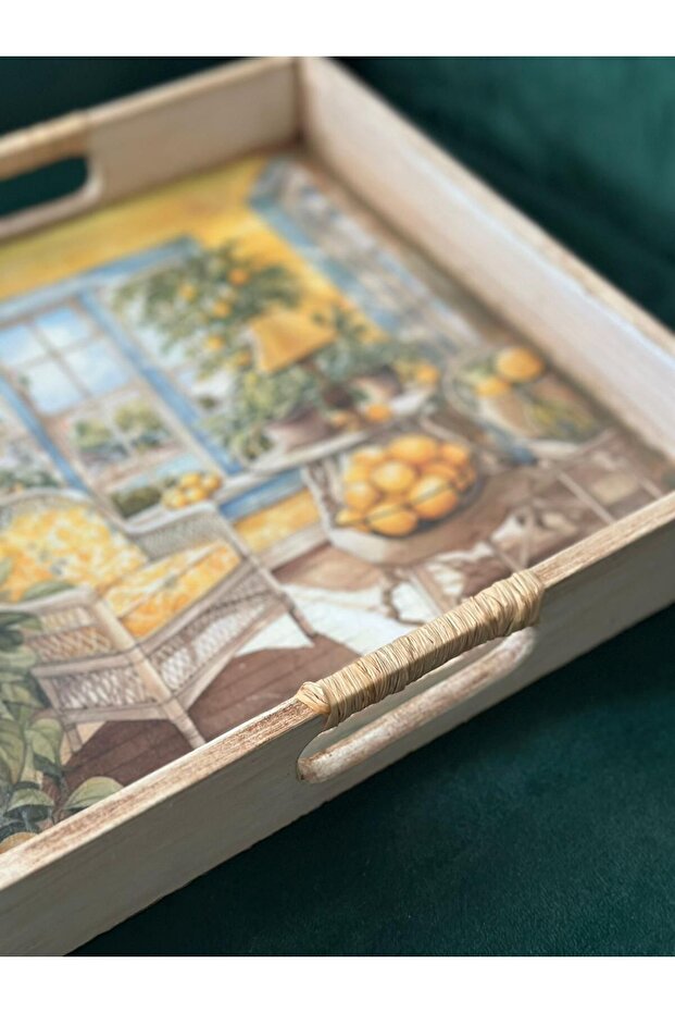 Landscape Patterned Square Hand-Painted Wooden Tea-Coffee Tray, Presentation Tray 30X30Cm