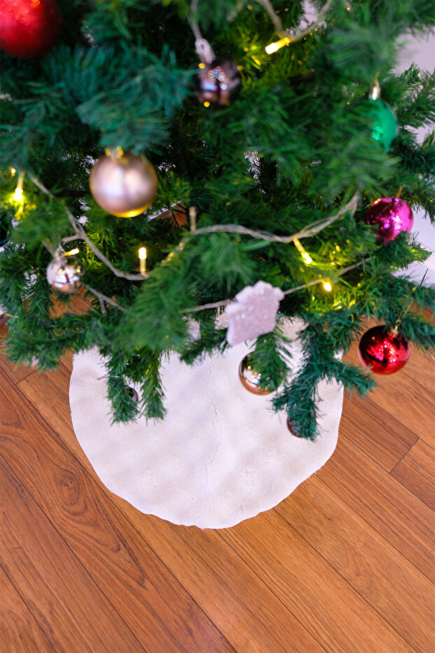 Plush Cream Christmas Pine Tree Bottom Cover Washable Fabric with Ribbon 70 cm