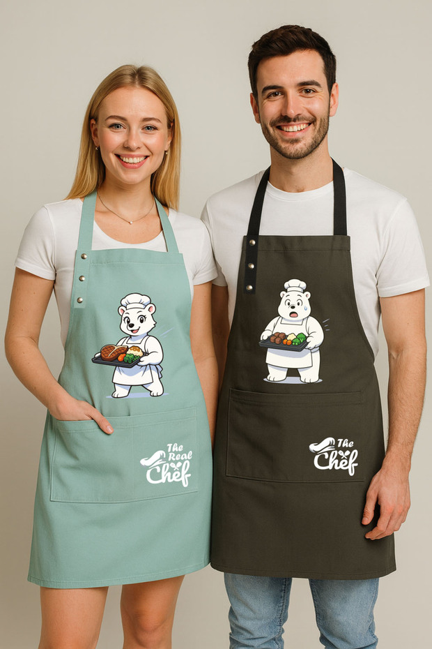 Kitchen Apron Set of 2, Stain Resistant, Water Repellent Fabric, Colorfast Print, Chef Teddy Bear Patterned Double Apron
