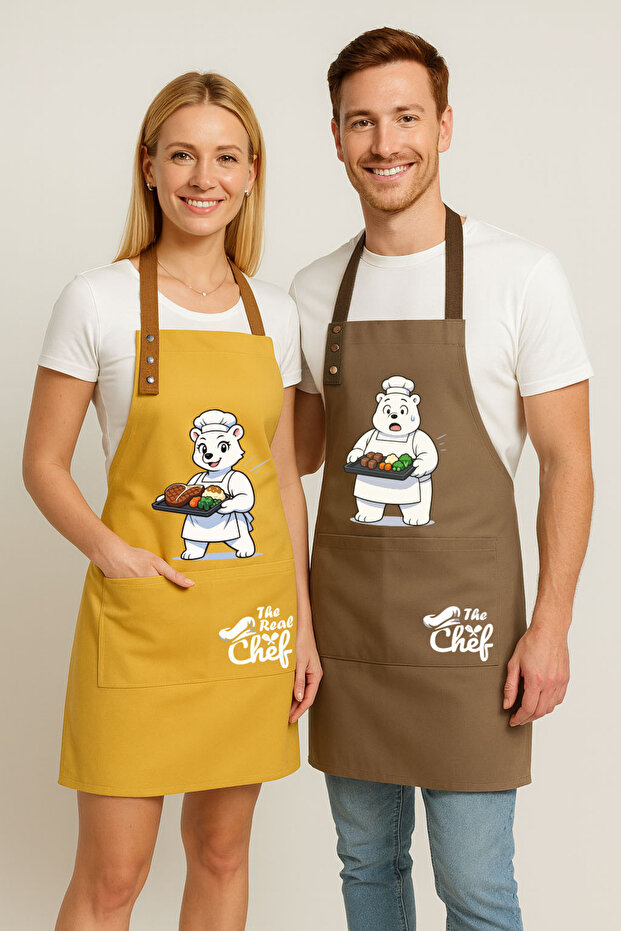 Kitchen Apron Set of 2, Stain Resistant, Water Repellent Fabric, Colorfast Print, Chef Teddy Bear Patterned Double Apron