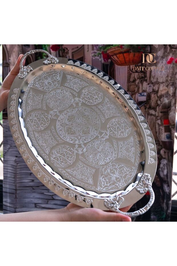 Dmt Gaziantep Copper 42.5 cm Ottoman Handcrafted Presentation Tray Henna Tray 42.5Cmx28Cm