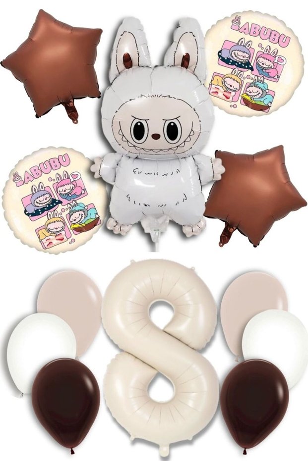 Yaş Labubu Balloon Abubu Baby Birthday Set Cream Number Flying Balloon Coffee White Sand Color Balloon