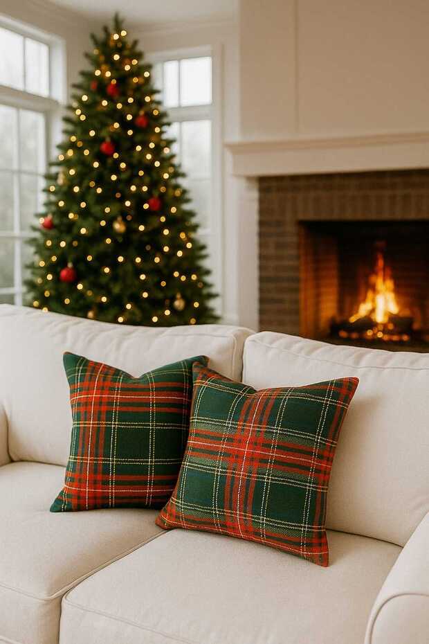 2-Piece New Year's Christmas Themed Checkered Double-Sided Digital B Printed Throw Pillow Pillowcase