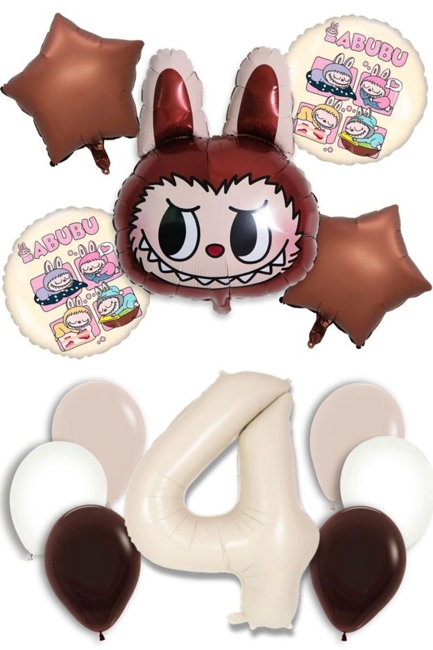 Labubu Baby Abubu Brown Balloon Set – Helium Compatible, Star & Round Foil 4 Year Old Cream Number