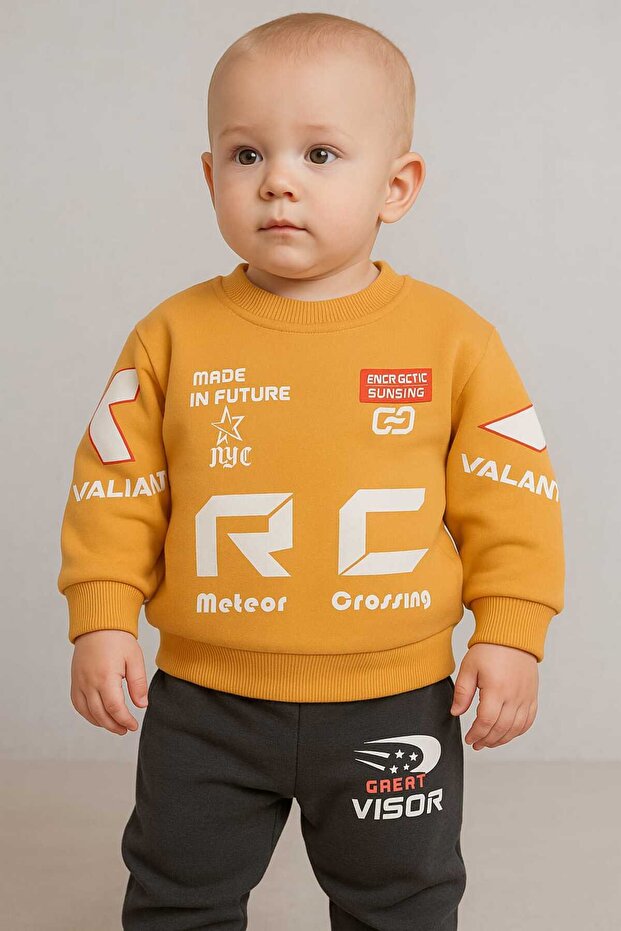 طقم أطفال شتوي سميك منقوش - 2