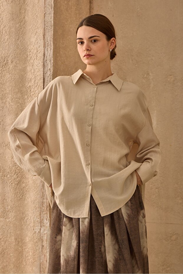 Parıltılı Gömlek Bej - 5