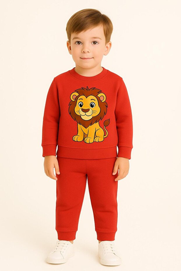 Girl-Boy Children's Cotton-Leopard Patterned Sweat Set 3 4 5 6 7 8 9 10 11 12 Years Old