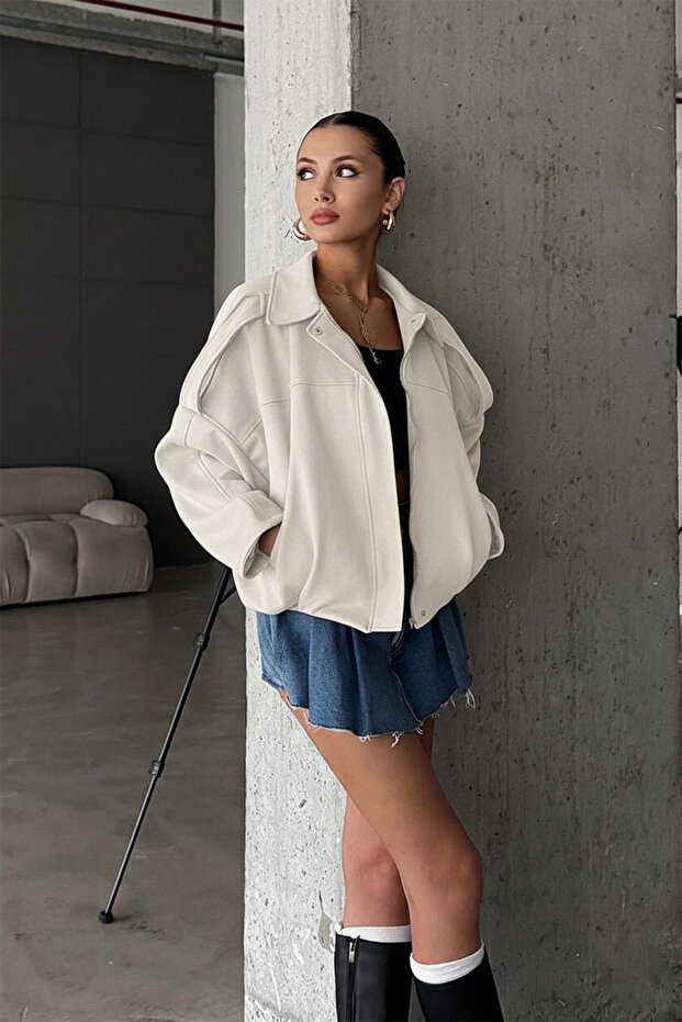 Oversize Kadın Bomber Ekru Süet Deri Ceket - 2