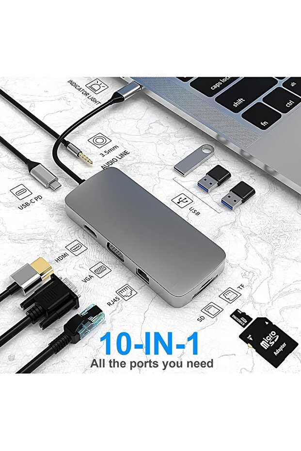 10-in-1 USB C Hub Docking Station with 4K HDMI, VGA, USB 3.0, Ethernet, SD/TF & 3.5mm AUX - Compatib - 2