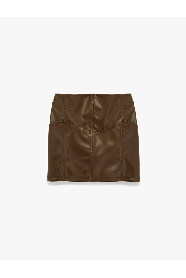Elastic Waist Above-Knee Leather Look Skirt
