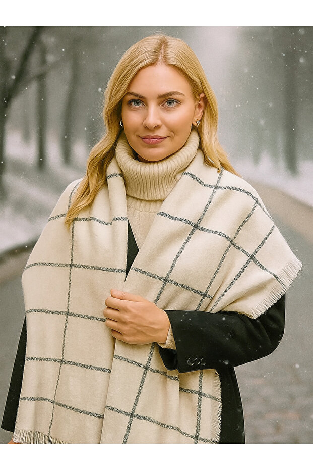 Winter Warm Tassels Soft Scarf Creamy White Gray Striped Scarf Shawl