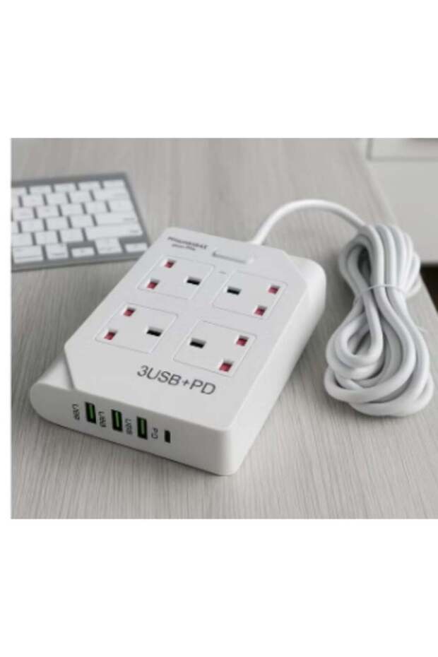 تمديد مقبس الطاقة 4 منافذ المملكة المتحدة، 3 منافذ USB + 1 PD 20 واط، 10 أمبير 2500 واط، كابل 3 متر