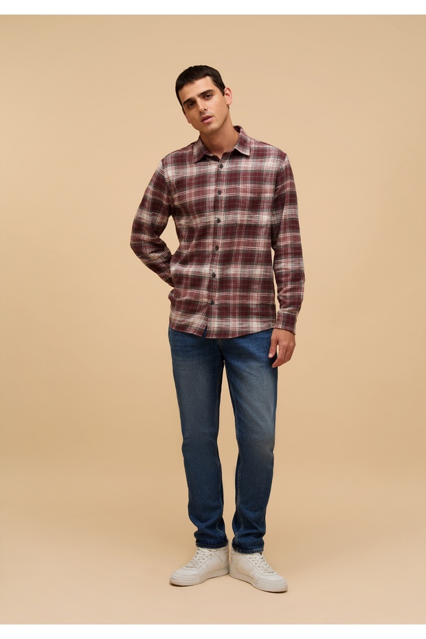 Regular Fit Shirt Neck Plaid Men's Burgundy Long Sleeve Shirt