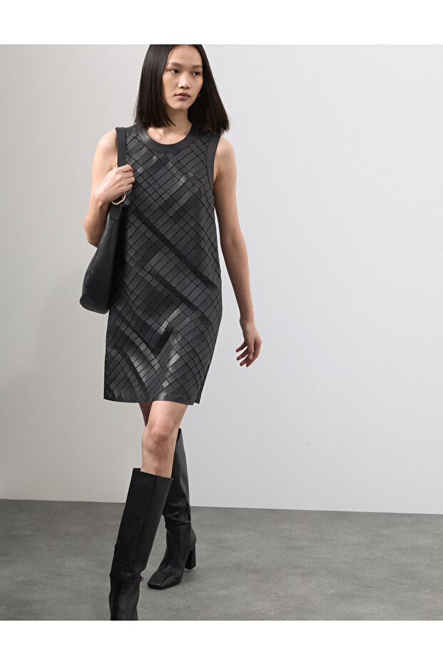 Deri Detaylı Mini Elbise - 3