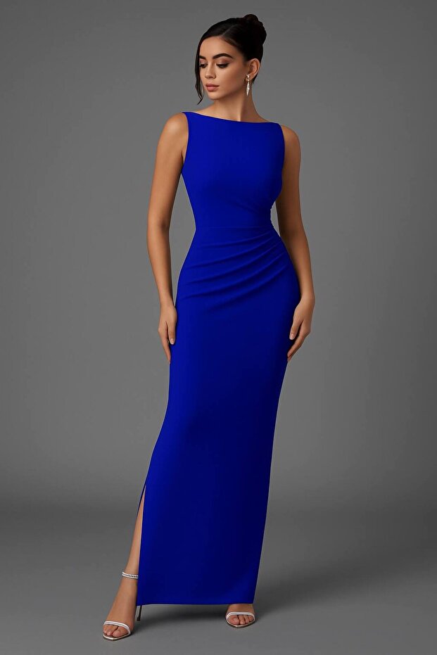 Side Slit Boat Neck Pleated Zara Crepe Fabric Maxi Length Evening Dress
