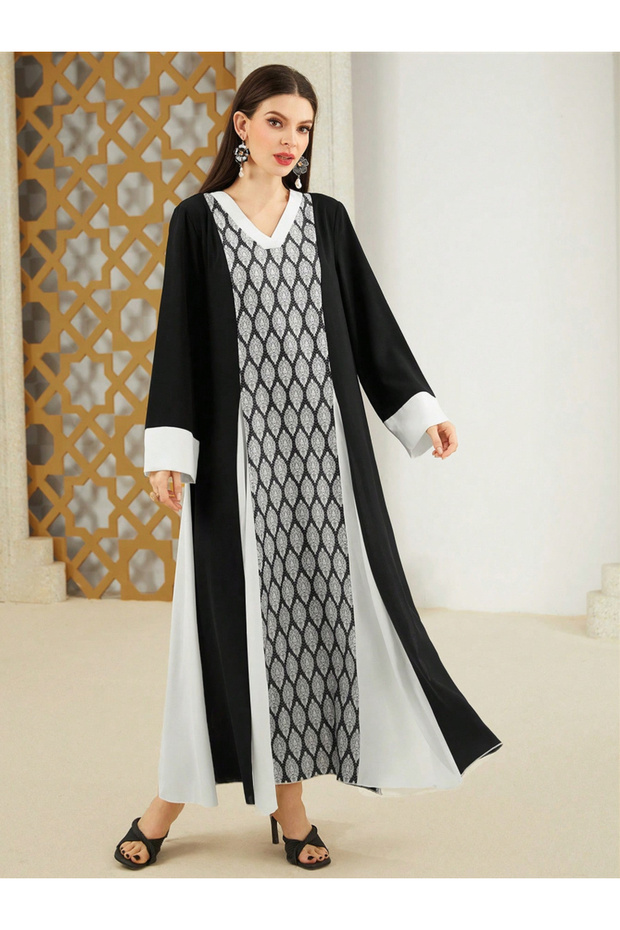 Geometric Pattern Color Block Jalabiya - 2